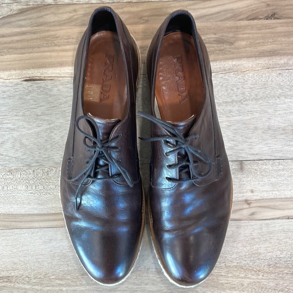 Prada Brown Nappa Leather Lace Up Espadrilles